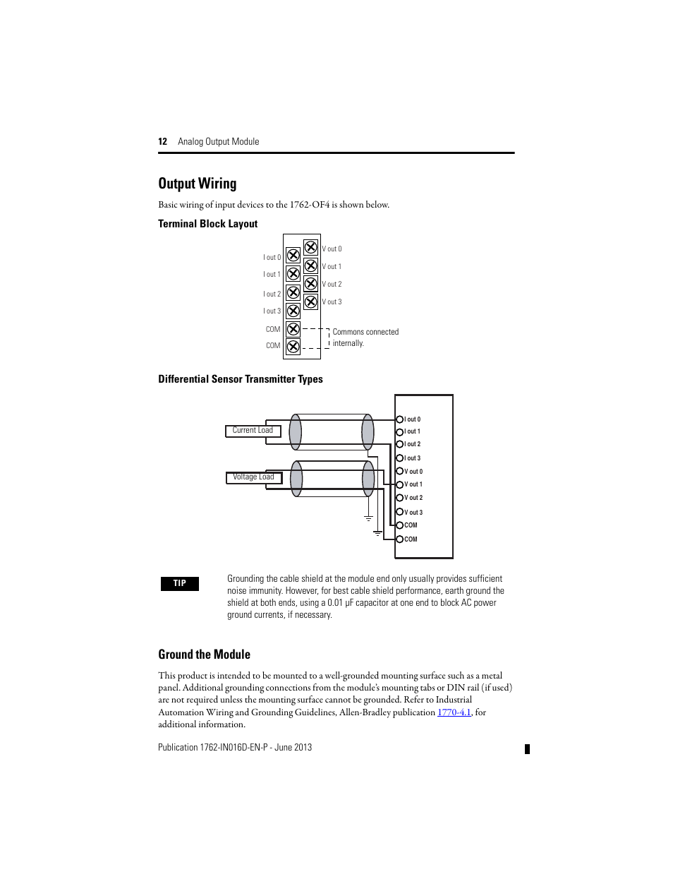 Ground the module, Output wiring | Rockwell Automation 1762-OF4 MicroLogix Analog Output Module User Manual | Page 12 / 24