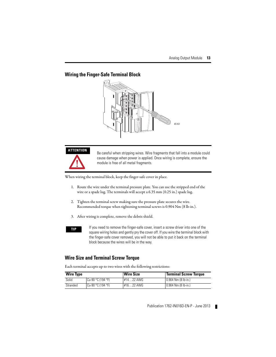 Wiring the finger-safe terminal block, Wire size and terminal screw torque | Rockwell Automation 1762-OF4 MicroLogix Analog Output Module User Manual | Page 13 / 24