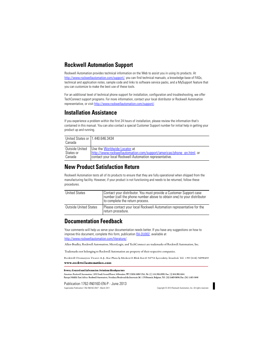 Back cover, Rockwell automation support, Installation assistance | New product satisfaction return, Documentation feedback | Rockwell Automation 1762-OF4 MicroLogix Analog Output Module User Manual | Page 24 / 24