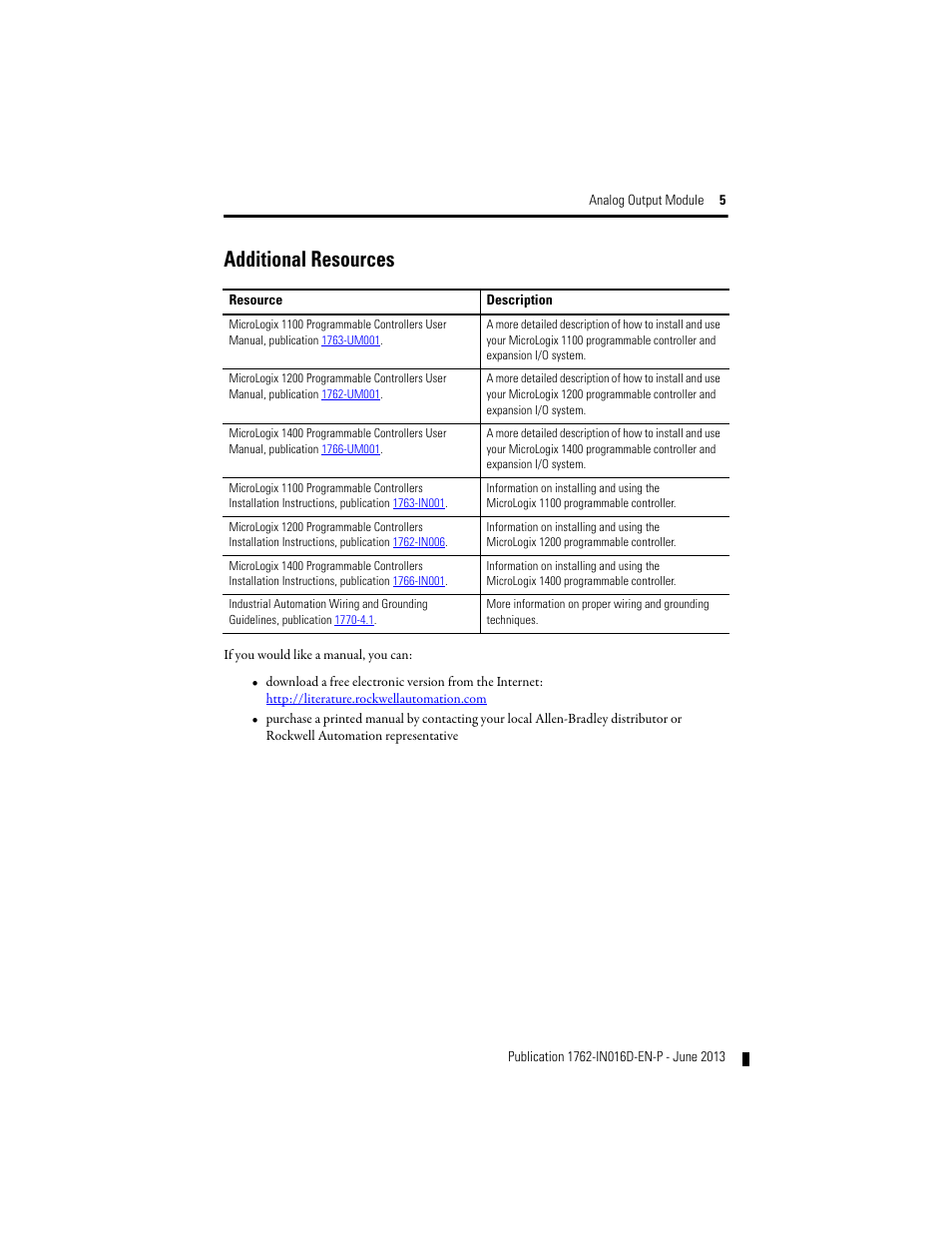 Additional resources | Rockwell Automation 1762-OF4 MicroLogix Analog Output Module User Manual | Page 5 / 24