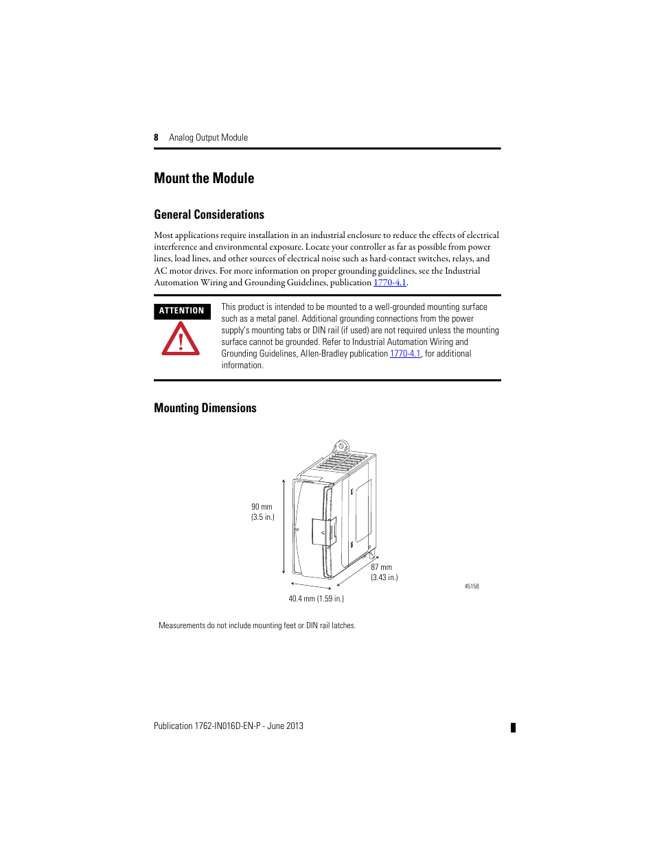 Mount the module, General considerations, Mounting dimensions | Rockwell Automation 1762-OF4 MicroLogix Analog Output Module User Manual | Page 8 / 24