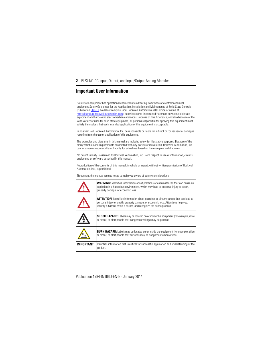 Important user information | Rockwell Automation 1794-IE8XOE4 FLEX I/O DC Input, Output, and Input/Output Analog Modules Installation User Manual | Page 2 / 20