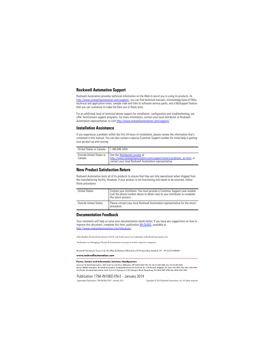 Back cover, Rockwell automation support, Installation assistance | New product satisfaction return, Documentation feedback | Rockwell Automation 1794-IE8XOE4 FLEX I/O DC Input, Output, and Input/Output Analog Modules Installation User Manual | Page 20 / 20