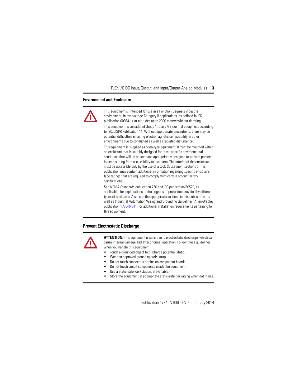 Environment and enclosure, Prevent electrostatic discharge | Rockwell Automation 1794-IE8XOE4 FLEX I/O DC Input, Output, and Input/Output Analog Modules Installation User Manual | Page 3 / 20