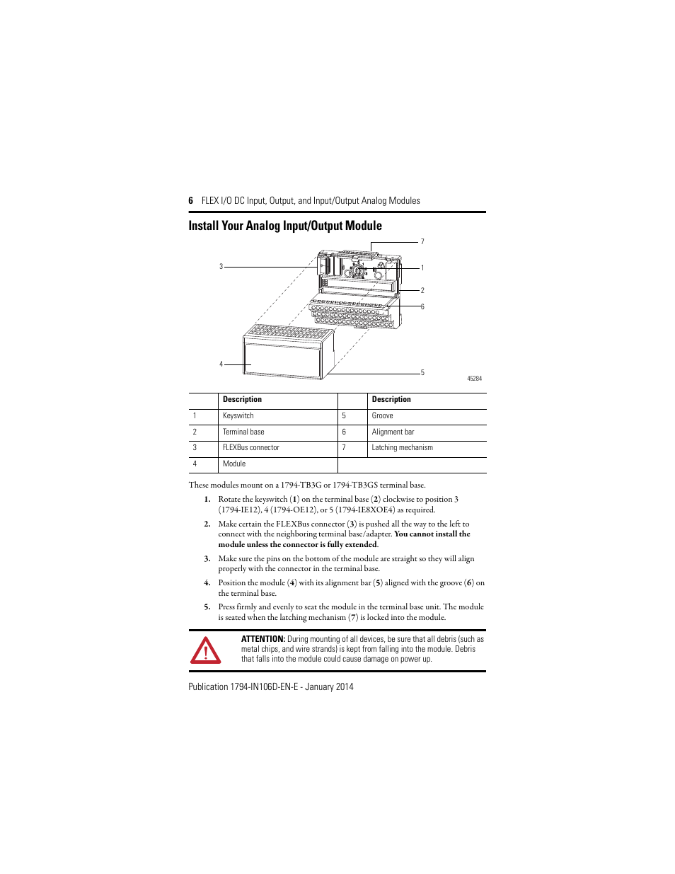 Install your analog input/output module | Rockwell Automation 1794-IE8XOE4 FLEX I/O DC Input, Output, and Input/Output Analog Modules Installation User Manual | Page 6 / 20