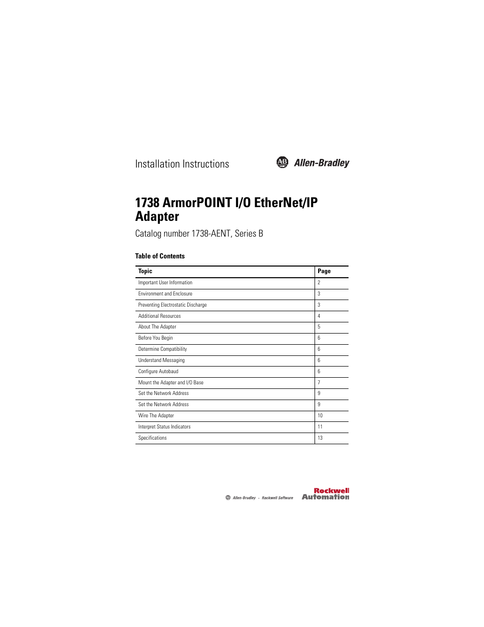 Rockwell Automation 1738-AENT, Series B ArmorPOINT I/O EtherNet/IP Adapter User Manual | 20 pages