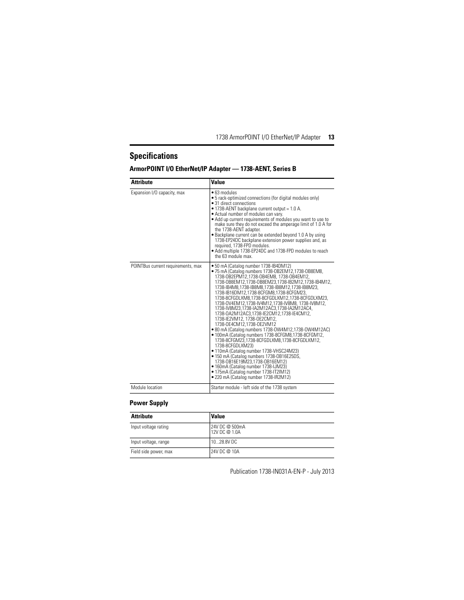 Specifications | Rockwell Automation 1738-AENT, Series B ArmorPOINT I/O EtherNet/IP Adapter User Manual | Page 13 / 20
