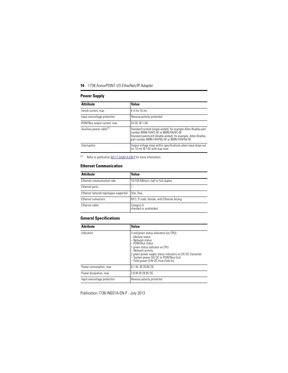 Ethernet communication, General specifications, Power supply | Rockwell Automation 1738-AENT, Series B ArmorPOINT I/O EtherNet/IP Adapter User Manual | Page 14 / 20