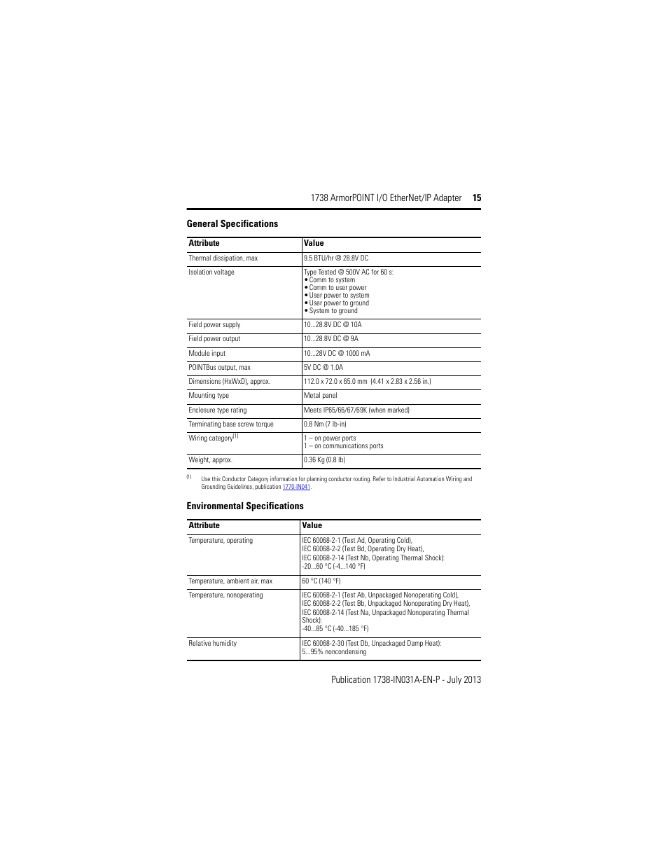 Environmental specifications, General specifications | Rockwell Automation 1738-AENT, Series B ArmorPOINT I/O EtherNet/IP Adapter User Manual | Page 15 / 20