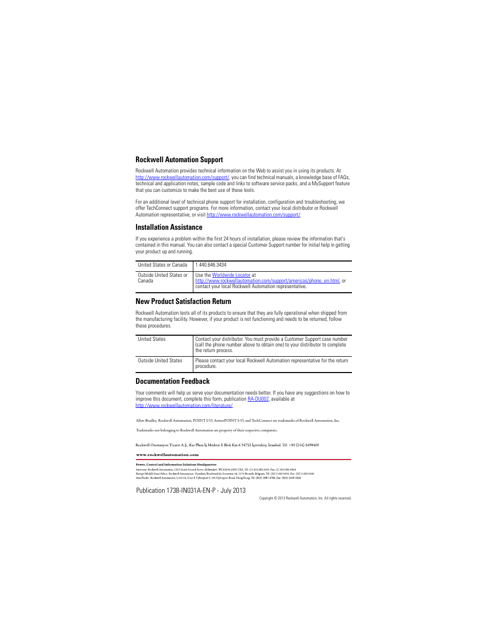 Back cover, Rockwell automation support, Installation assistance | New product satisfaction return, Documentation feedback | Rockwell Automation 1738-AENT, Series B ArmorPOINT I/O EtherNet/IP Adapter User Manual | Page 20 / 20