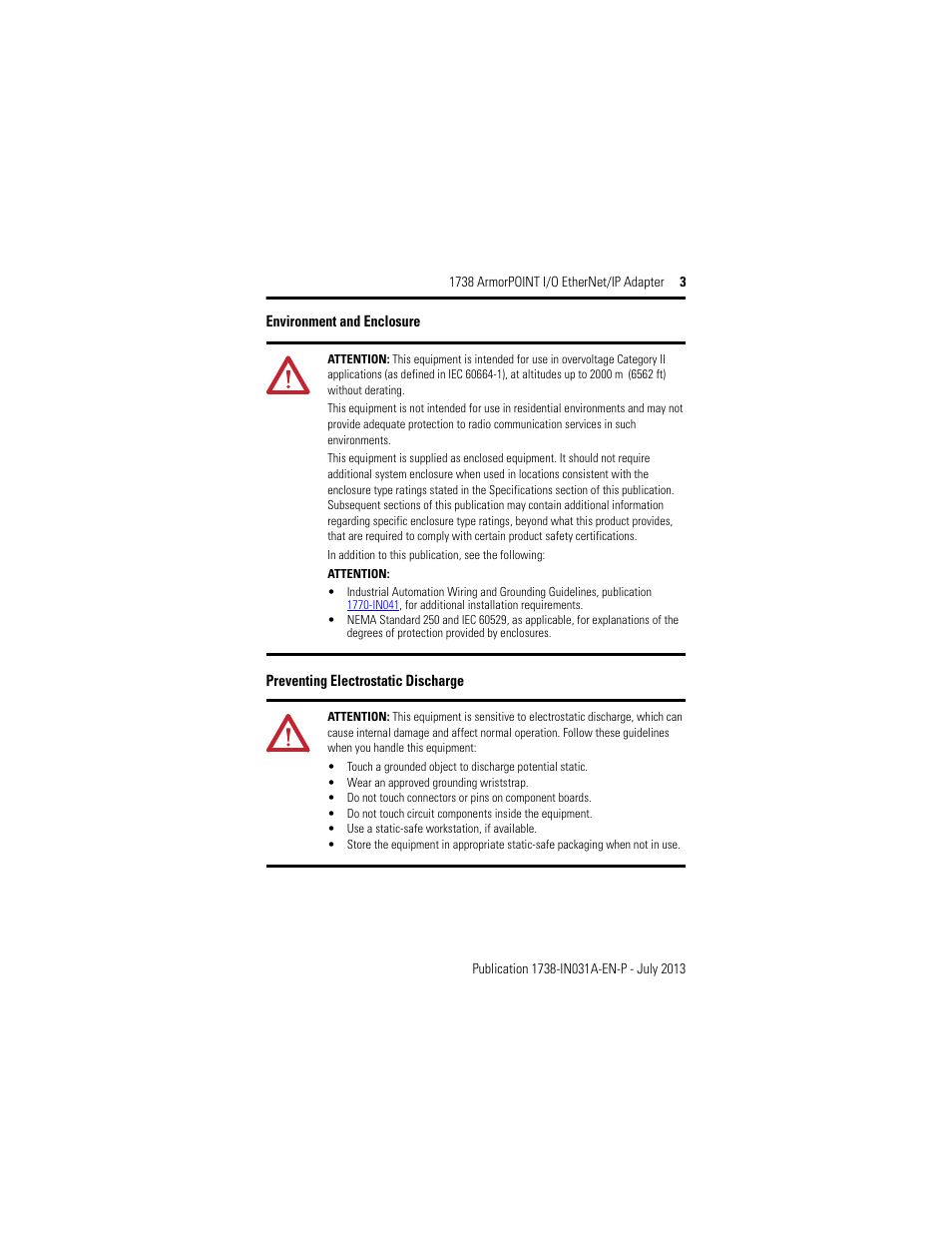 Environment and enclosure, Preventing electrostatic discharge | Rockwell Automation 1738-AENT, Series B ArmorPOINT I/O EtherNet/IP Adapter User Manual | Page 3 / 20