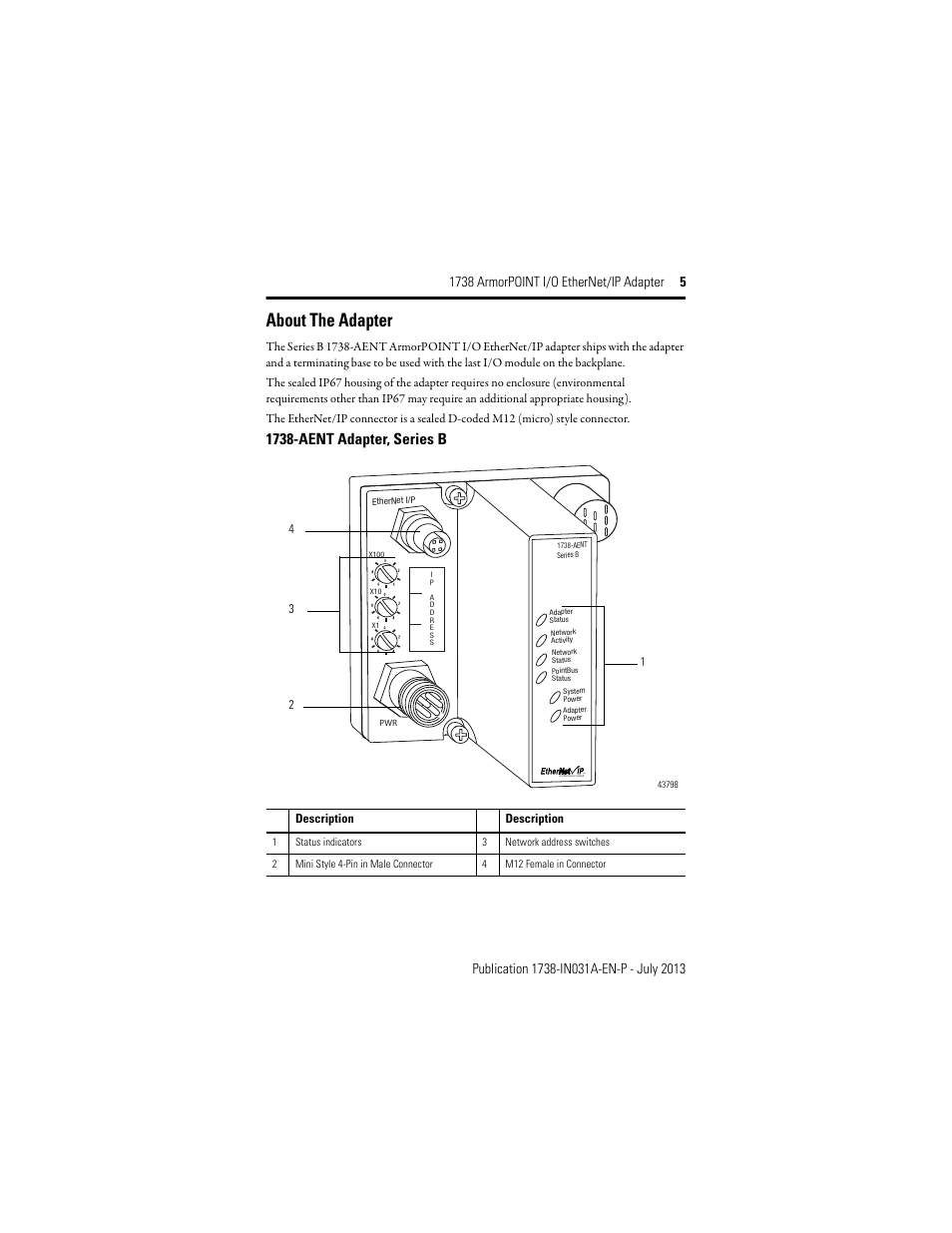 About the adapter, 1738-aent adapter, series b | Rockwell Automation 1738-AENT, Series B ArmorPOINT I/O EtherNet/IP Adapter User Manual | Page 5 / 20