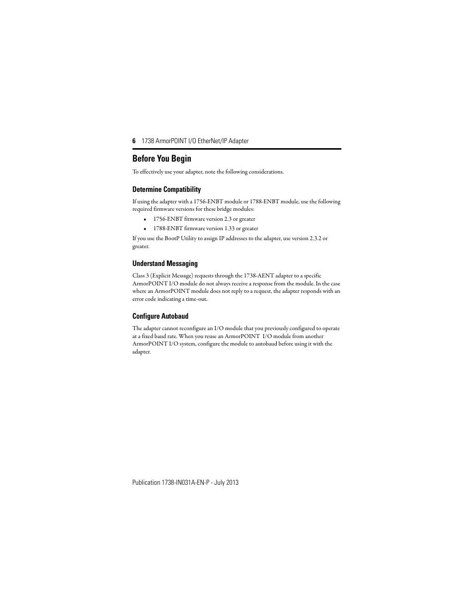 Before you begin, Determine compatibility, Understand messaging | Configure autobaud | Rockwell Automation 1738-AENT, Series B ArmorPOINT I/O EtherNet/IP Adapter User Manual | Page 6 / 20