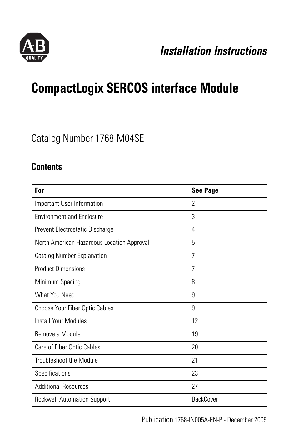 Rockwell Automation 1768-M04SE CompactLogix SERCOS interface Module Installation Instructions User Manual | 28 pages