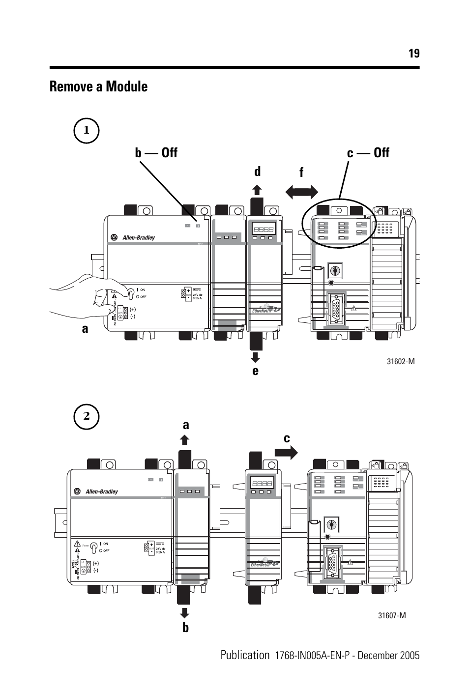 Remove a module, Ab — off c — off d e f, Ac b | Ab c, 19 publication | Rockwell Automation 1768-M04SE CompactLogix SERCOS interface Module Installation Instructions User Manual | Page 19 / 28