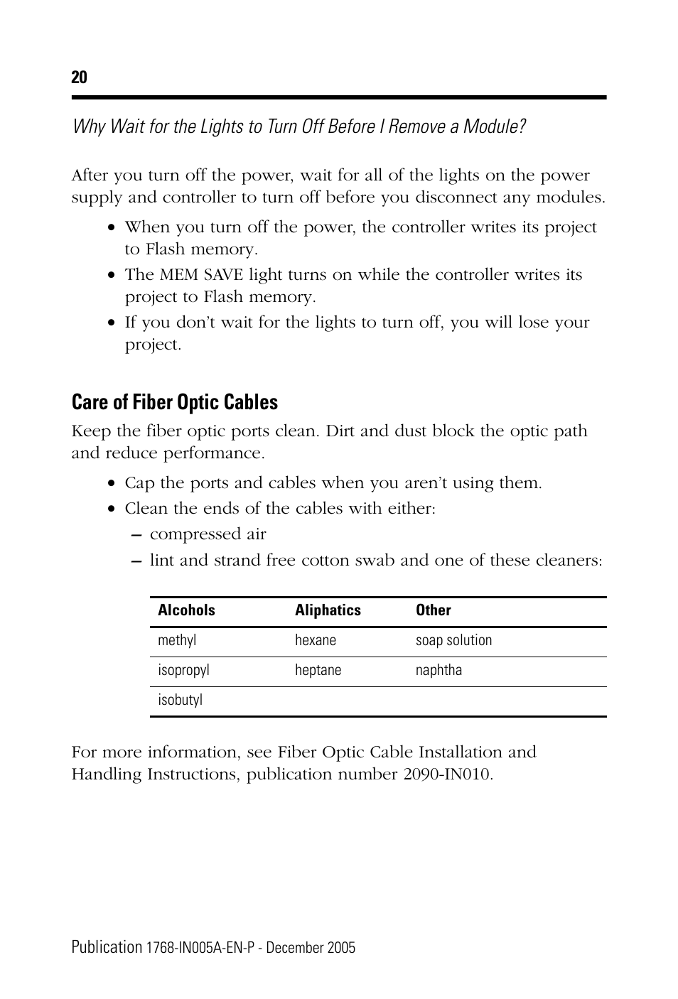 Care of fiber optic cables | Rockwell Automation 1768-M04SE CompactLogix SERCOS interface Module Installation Instructions User Manual | Page 20 / 28