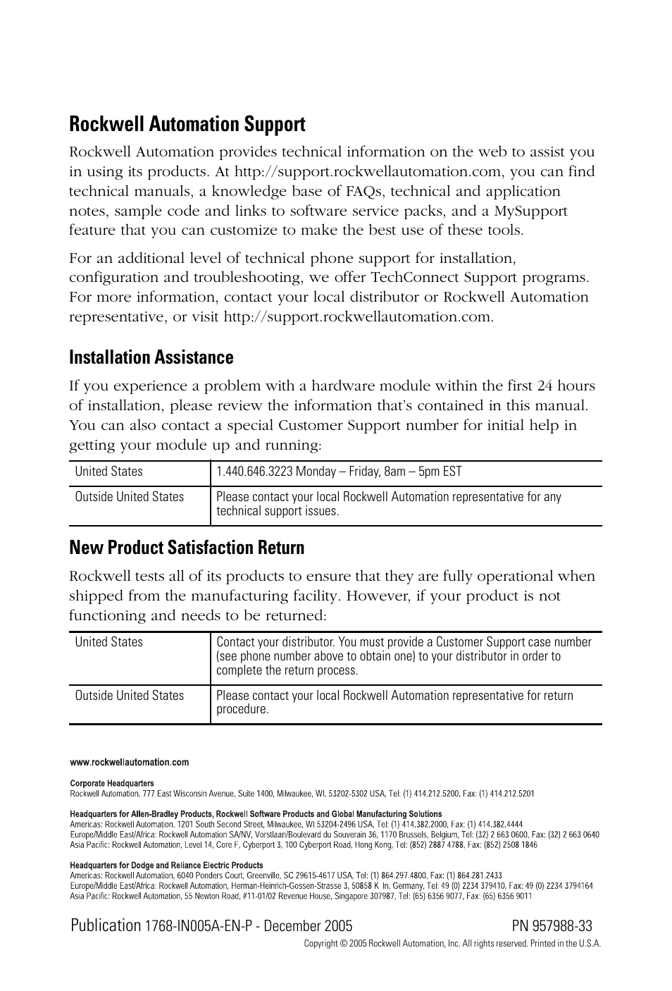 Back cover, Rockwell automation support, Backcover | Installation assistance, New product satisfaction return, Publication | Rockwell Automation 1768-M04SE CompactLogix SERCOS interface Module Installation Instructions User Manual | Page 28 / 28
