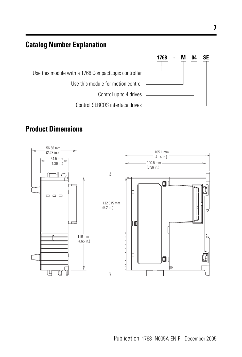 Catalog number explanation, Product dimensions, 7publication | Rockwell Automation 1768-M04SE CompactLogix SERCOS interface Module Installation Instructions User Manual | Page 7 / 28