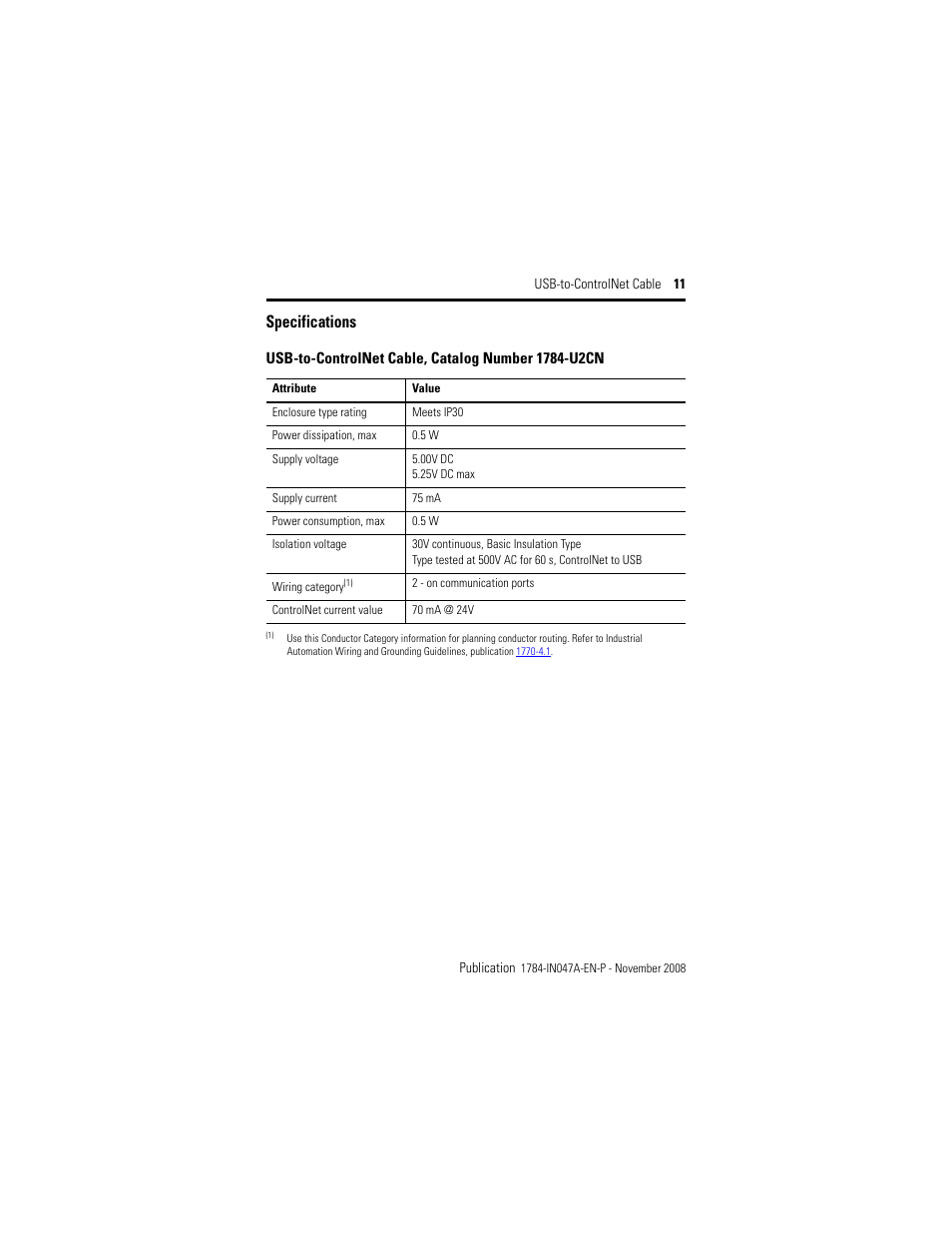 Specifications | Rockwell Automation 1784-U2CN USB-to-ControlNet Cable Installation Instructions User Manual | Page 11 / 16