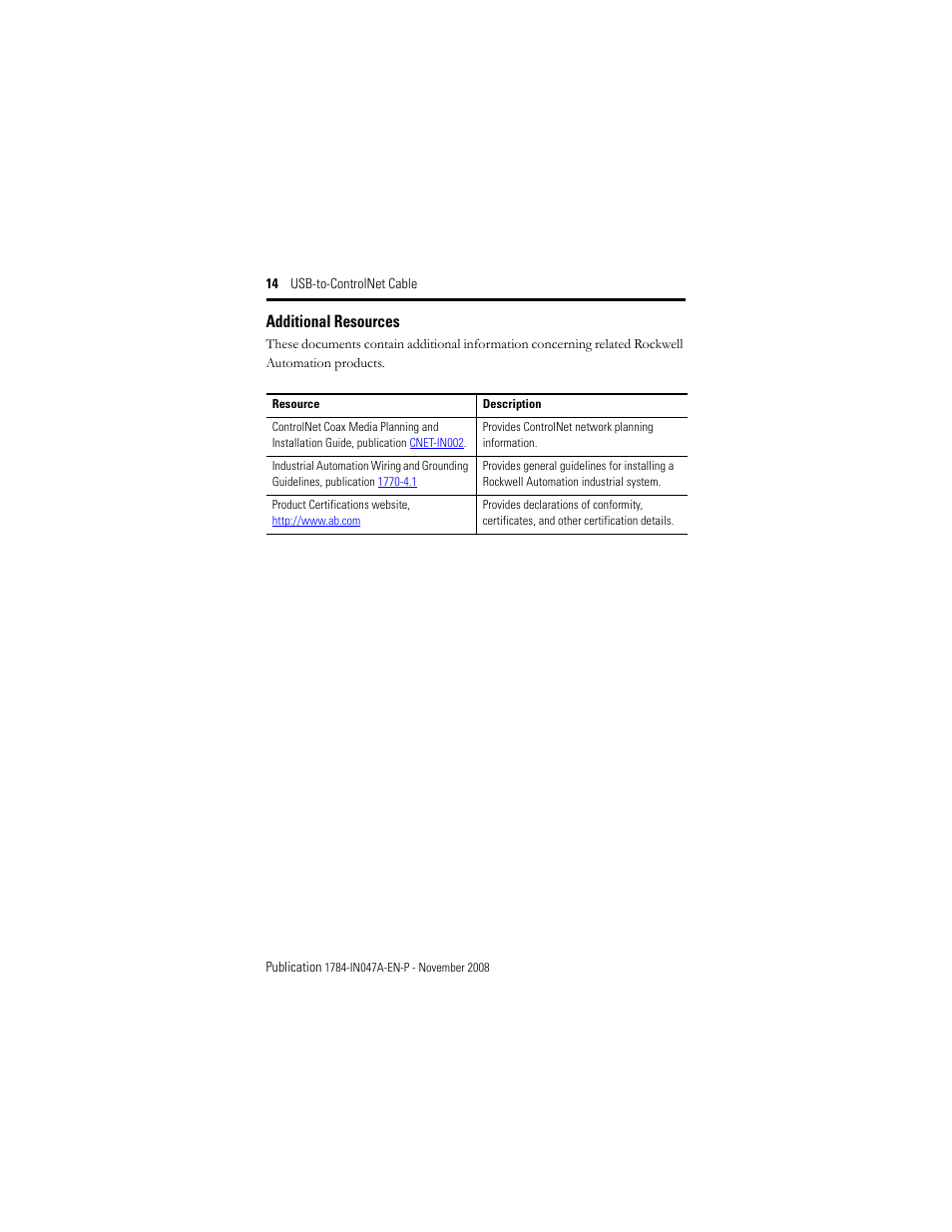 Additional resources | Rockwell Automation 1784-U2CN USB-to-ControlNet Cable Installation Instructions User Manual | Page 14 / 16