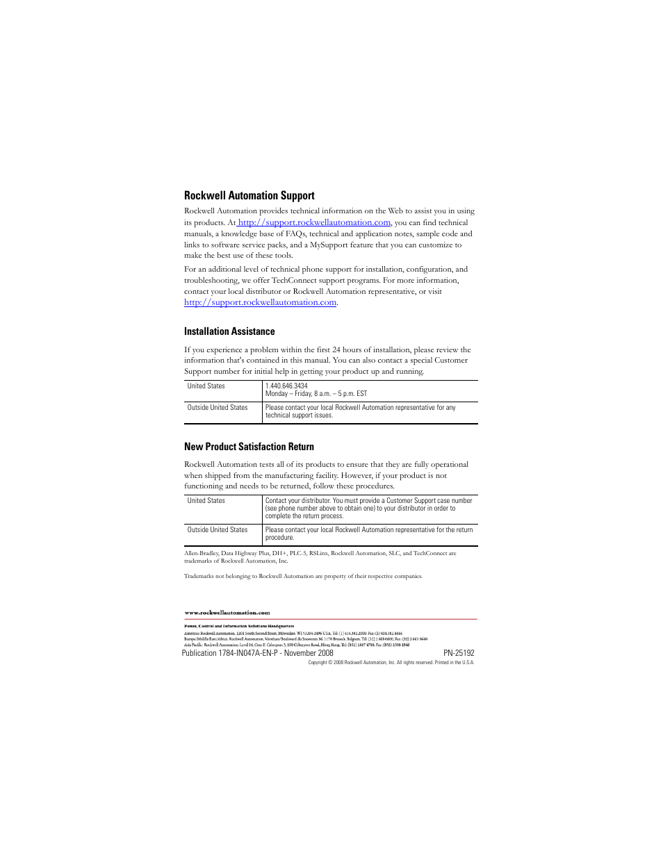 Back cover, Rockwell automation support, Installation assistance | New product satisfaction return | Rockwell Automation 1784-U2CN USB-to-ControlNet Cable Installation Instructions User Manual | Page 16 / 16