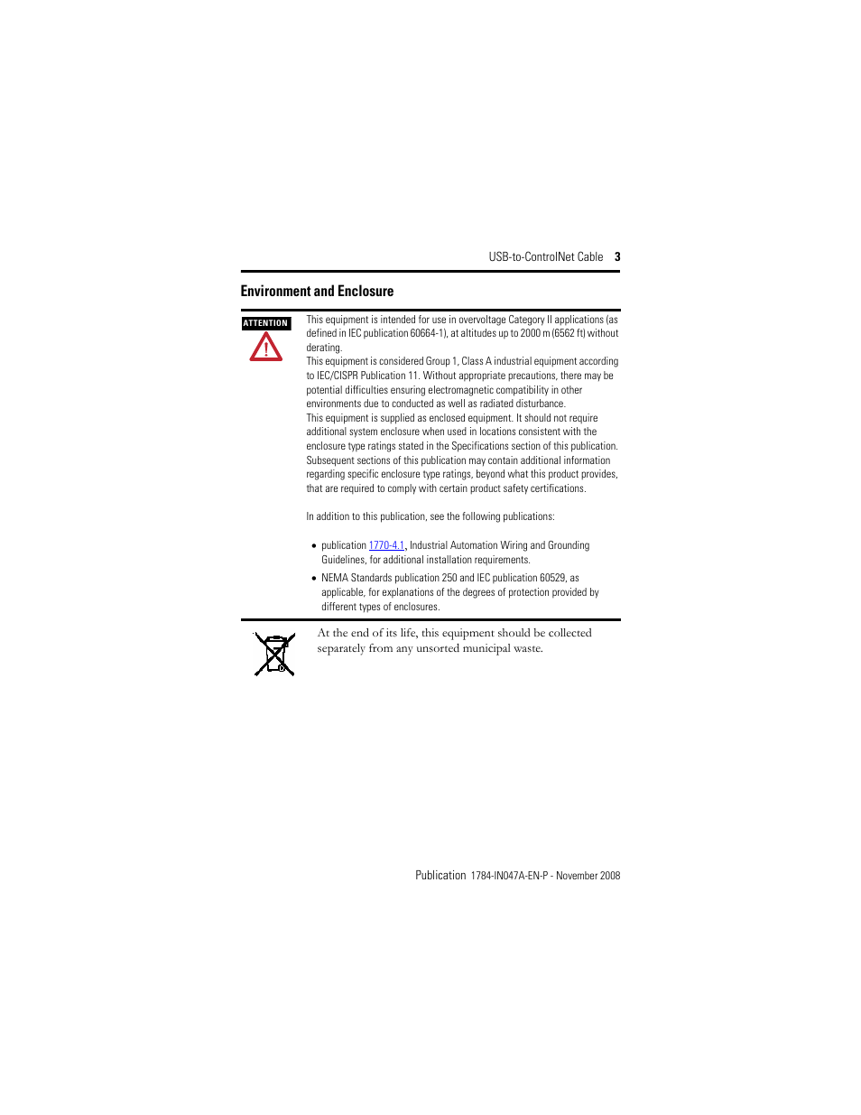 Environment and enclosure | Rockwell Automation 1784-U2CN USB-to-ControlNet Cable Installation Instructions User Manual | Page 3 / 16
