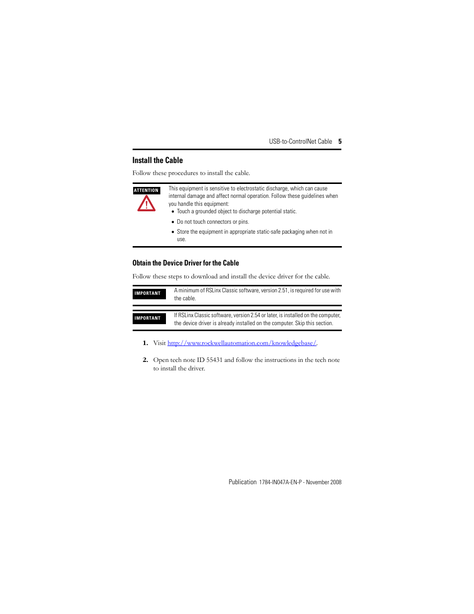 Install the cable, Obtain the device driver for the cable | Rockwell Automation 1784-U2CN USB-to-ControlNet Cable Installation Instructions User Manual | Page 5 / 16