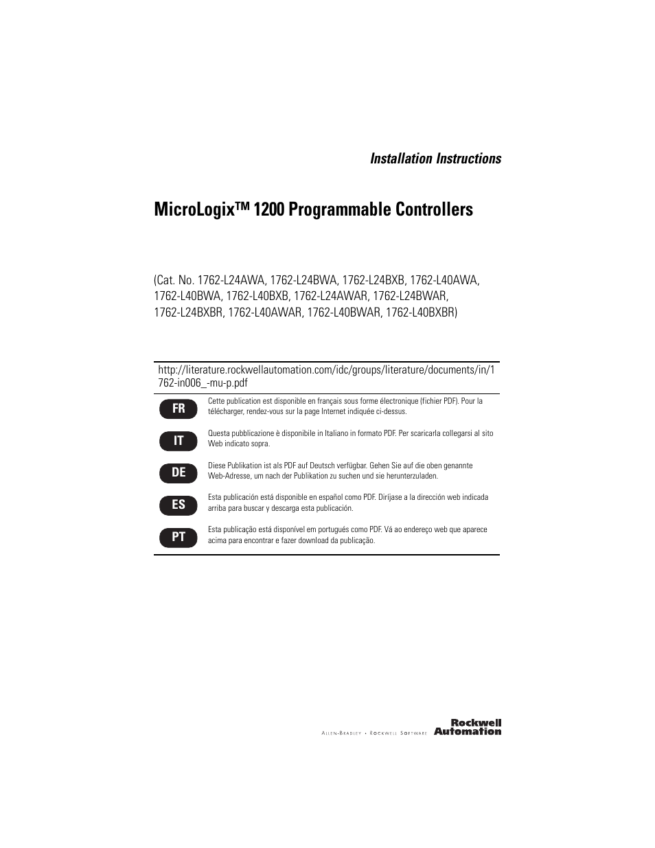 Rockwell Automation 1762-Lxxxxx MicroLogix 1200 Programmable Controllers Installation Instructions User Manual | 37 pages