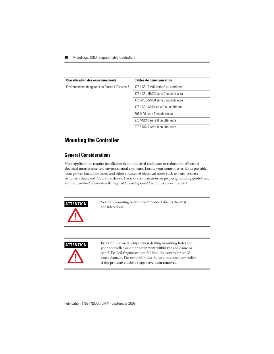 Mounting the controller, General considerations | Rockwell Automation 1762-Lxxxxx MicroLogix 1200 Programmable Controllers Installation Instructions User Manual | Page 10 / 37