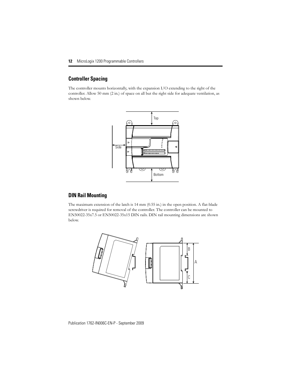 Controller spacing, Din rail mounting | Rockwell Automation 1762-Lxxxxx MicroLogix 1200 Programmable Controllers Installation Instructions User Manual | Page 12 / 37