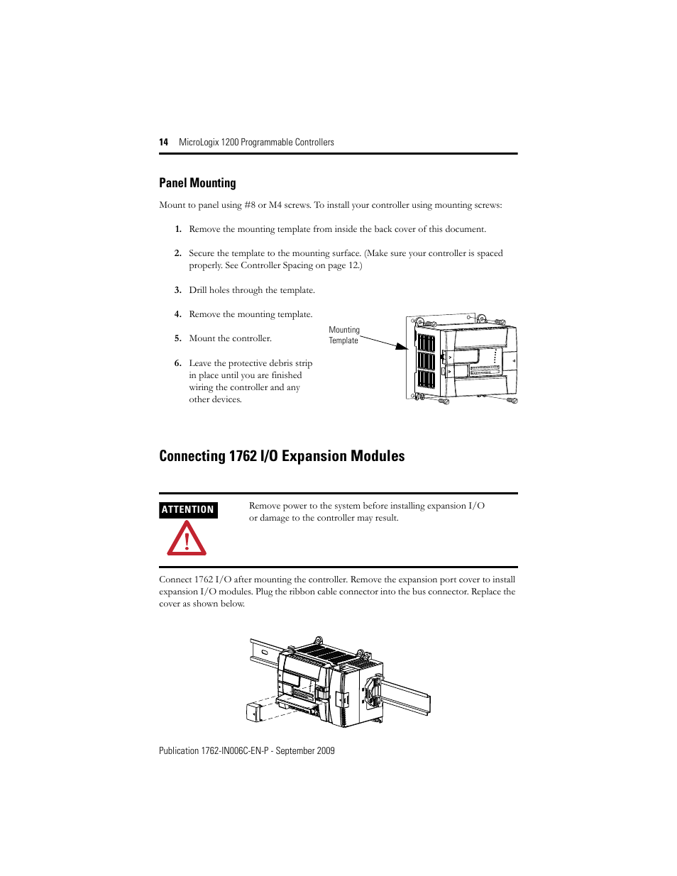 Connecting 1762 i/o expansion modules, Panel mounting | Rockwell Automation 1762-Lxxxxx MicroLogix 1200 Programmable Controllers Installation Instructions User Manual | Page 14 / 37