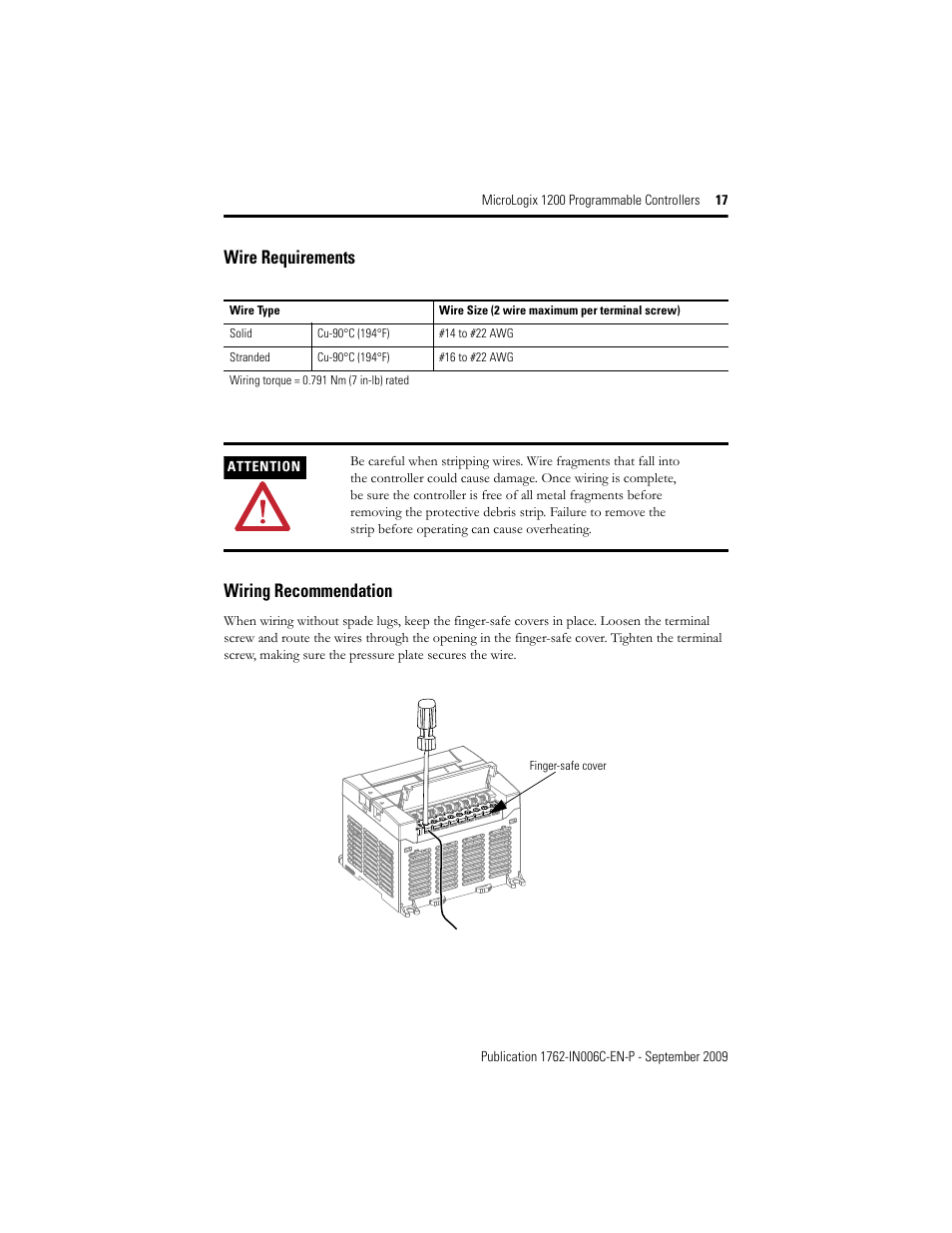 Wire requirements wiring recommendation | Rockwell Automation 1762-Lxxxxx MicroLogix 1200 Programmable Controllers Installation Instructions User Manual | Page 17 / 37