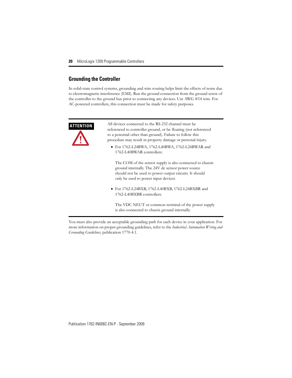 Grounding the controller | Rockwell Automation 1762-Lxxxxx MicroLogix 1200 Programmable Controllers Installation Instructions User Manual | Page 20 / 37