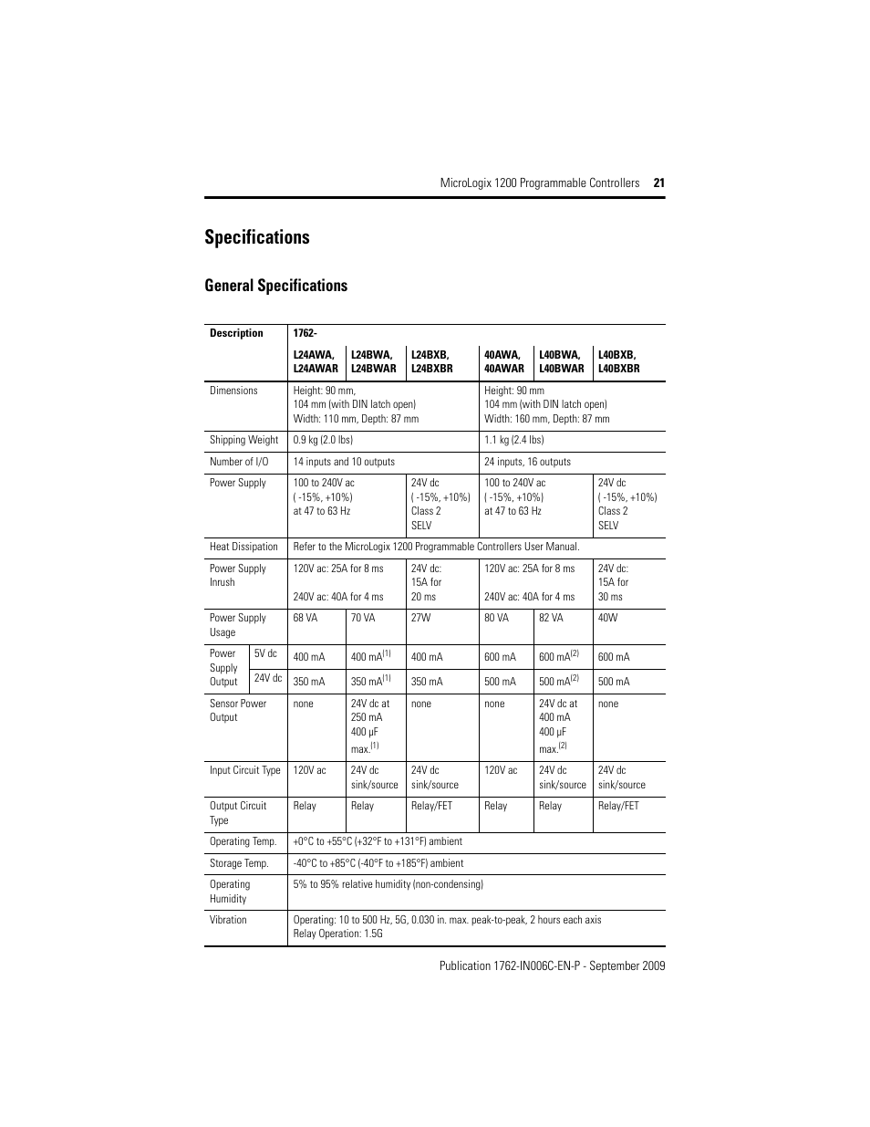 Specifications, General specifications | Rockwell Automation 1762-Lxxxxx MicroLogix 1200 Programmable Controllers Installation Instructions User Manual | Page 21 / 37