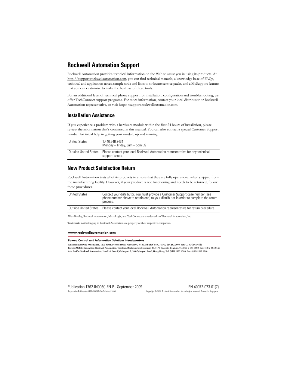 Back cover, Rockwell automation support, Installation assistance | New product satisfaction return | Rockwell Automation 1762-Lxxxxx MicroLogix 1200 Programmable Controllers Installation Instructions User Manual | Page 37 / 37