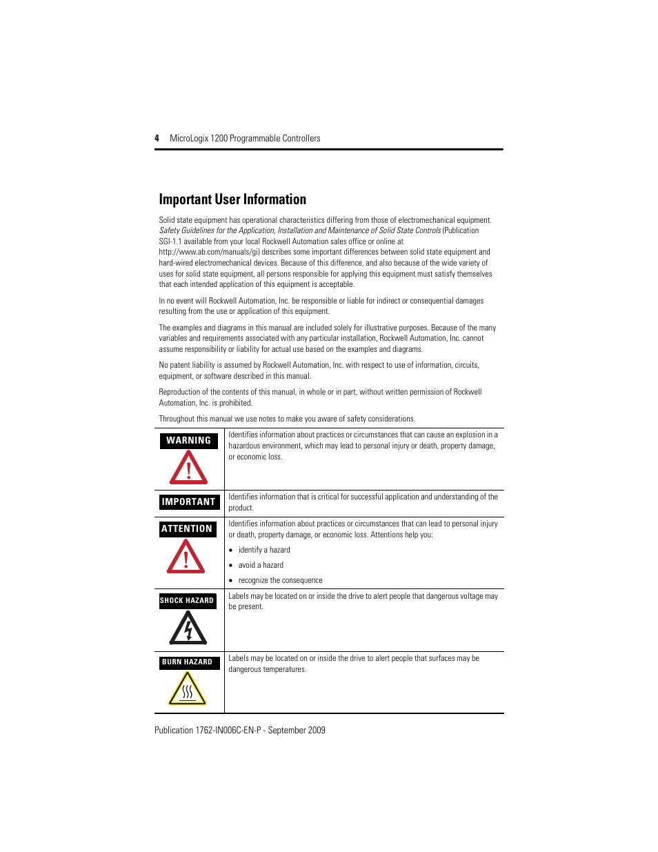 Important user information | Rockwell Automation 1762-Lxxxxx MicroLogix 1200 Programmable Controllers Installation Instructions User Manual | Page 4 / 37