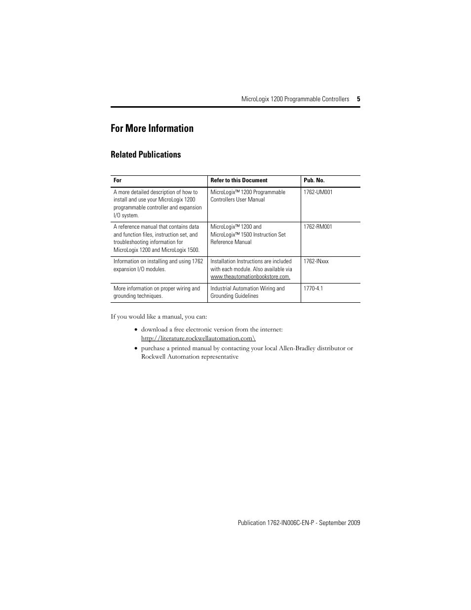 For more information, Related publications | Rockwell Automation 1762-Lxxxxx MicroLogix 1200 Programmable Controllers Installation Instructions User Manual | Page 5 / 37