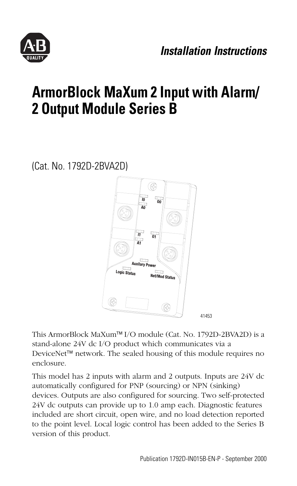 Rockwell Automation 1792D-2BVA2D ArmorBlock MaXum 2 Input with Alarm/2 Output Module Series B User Manual | 16 pages