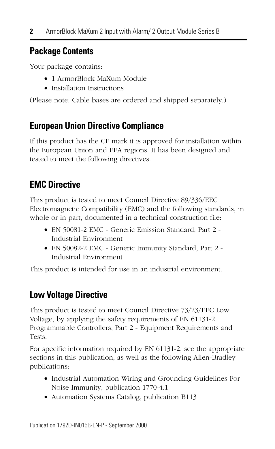 Package contents, European union directive compliance, Emc directive | Low voltage directive | Rockwell Automation 1792D-2BVA2D ArmorBlock MaXum 2 Input with Alarm/2 Output Module Series B User Manual | Page 2 / 16