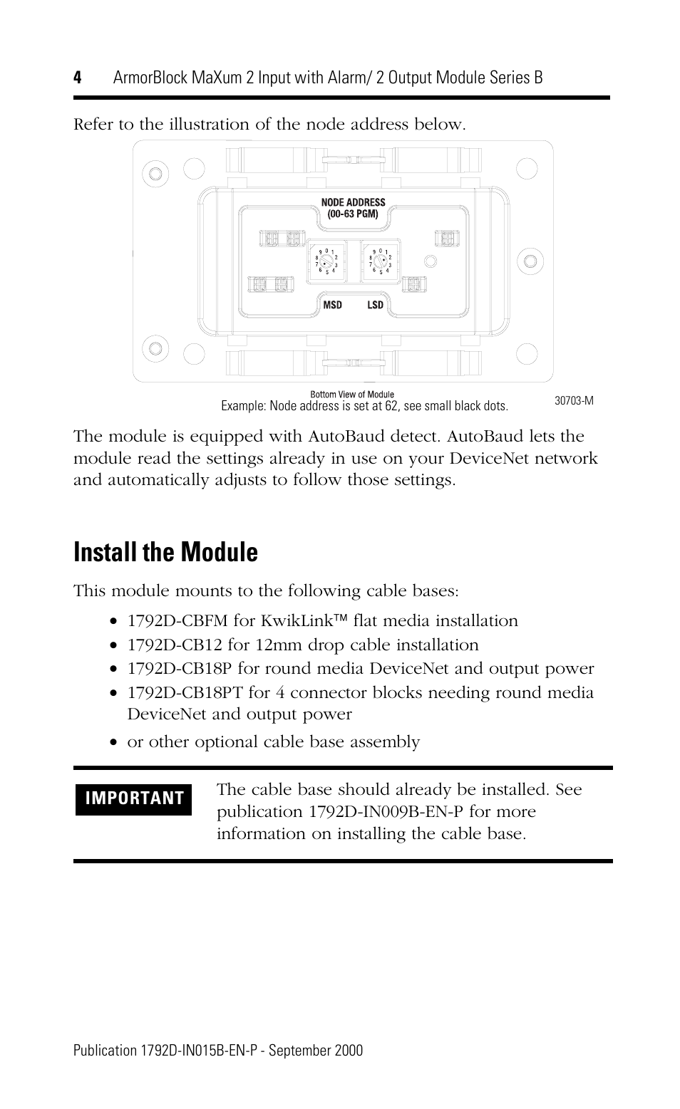Install the module | Rockwell Automation 1792D-2BVA2D ArmorBlock MaXum 2 Input with Alarm/2 Output Module Series B User Manual | Page 4 / 16