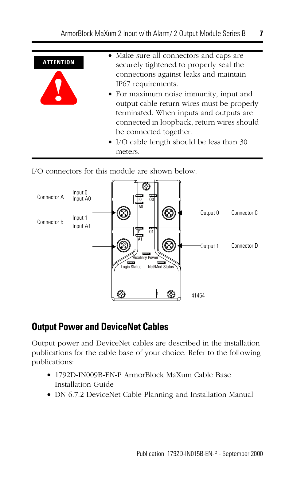Output power and devicenet cables | Rockwell Automation 1792D-2BVA2D ArmorBlock MaXum 2 Input with Alarm/2 Output Module Series B User Manual | Page 7 / 16
