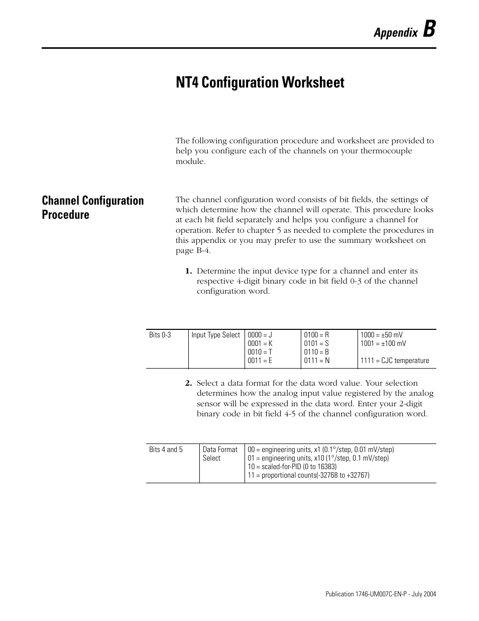 B - nt4 configuration worksheet, Nt4 configuration worksheet, Channel configuration procedure | Appendix b, Appendix | Rockwell Automation 1746-NT4 Series B,D17466.6.1 SLC 500 4-Channel Thermocouple/mV Input Module User Manual User Manual | Page 105 / 131
