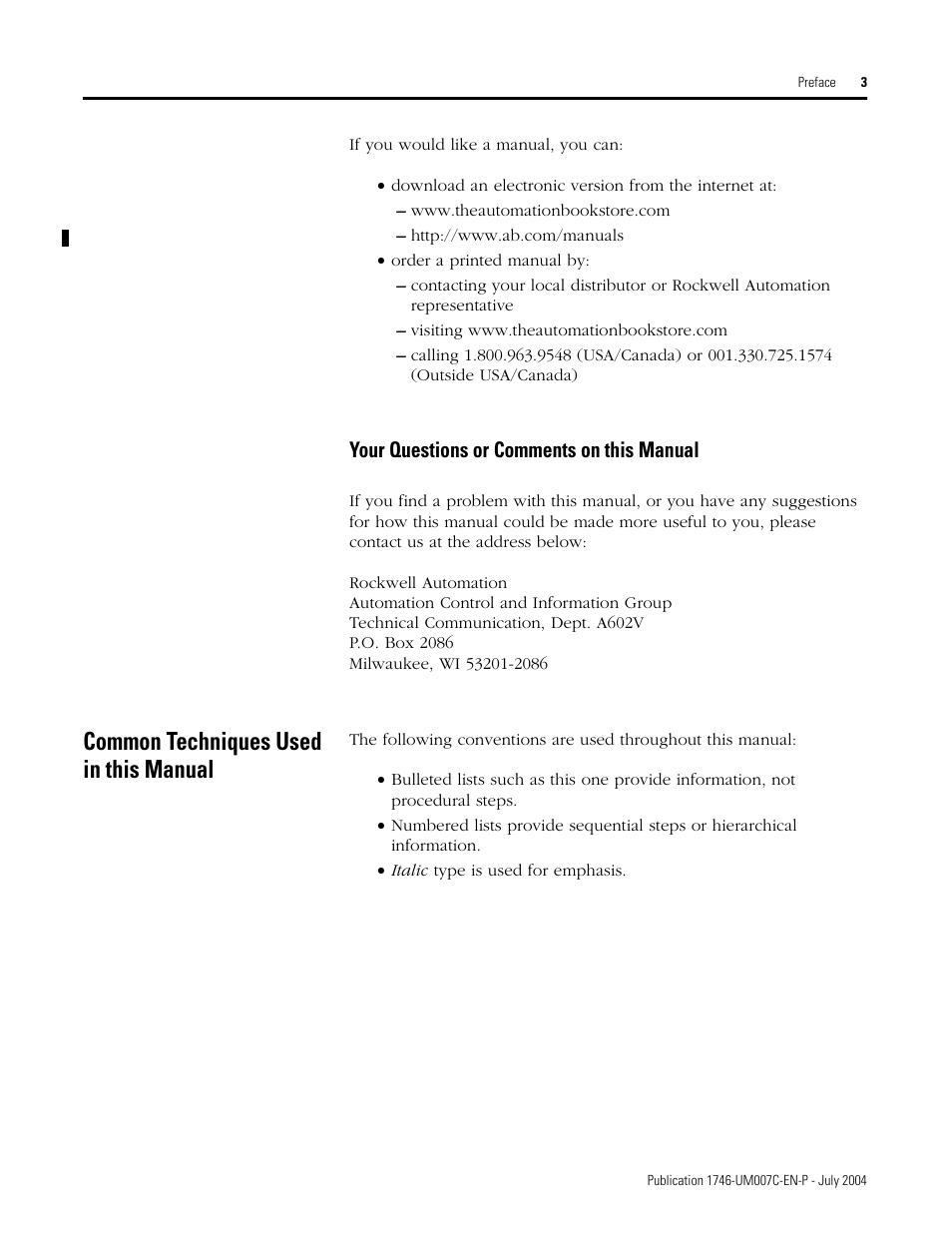 Common techniques used in this manual, Your questions or comments on this manual | Rockwell Automation 1746-NT4 Series B,D17466.6.1 SLC 500 4-Channel Thermocouple/mV Input Module User Manual User Manual | Page 11 / 131