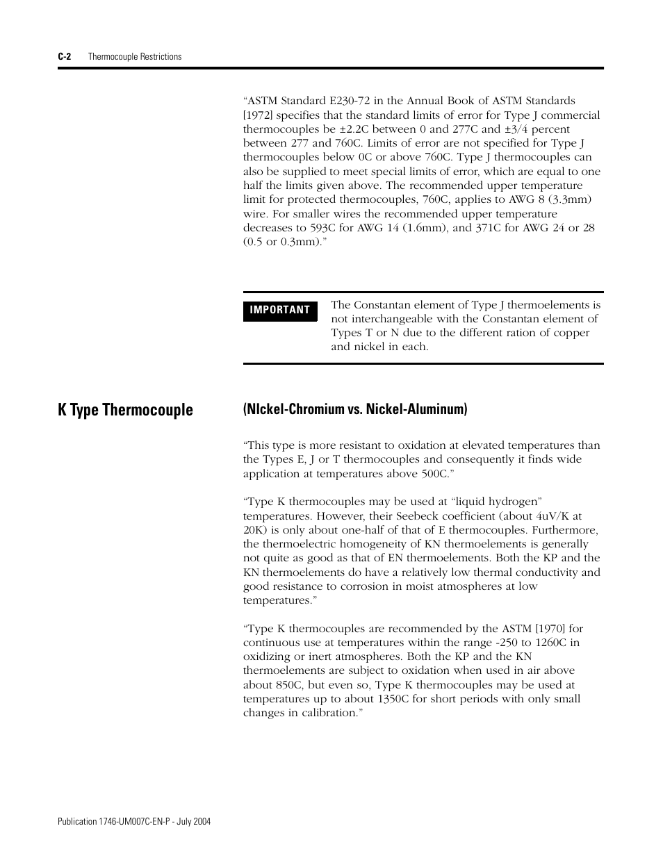 K type thermocouple, Nickel-chromium vs. nickel-aluminum) | Rockwell Automation 1746-NT4 Series B,D17466.6.1 SLC 500 4-Channel Thermocouple/mV Input Module User Manual User Manual | Page 110 / 131