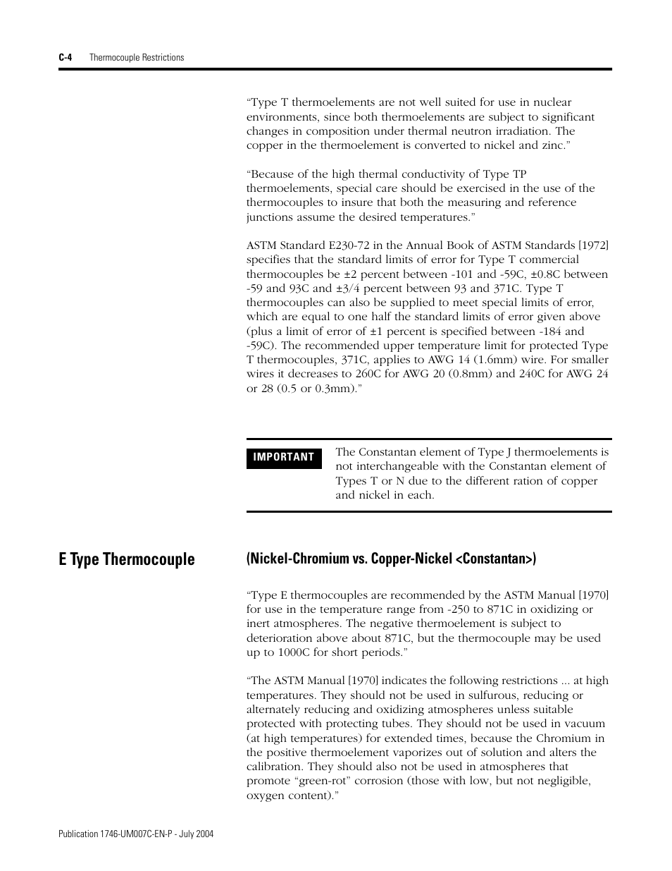 E type thermocouple, Nickel-chromium vs. copper-nickel <constantan>) | Rockwell Automation 1746-NT4 Series B,D17466.6.1 SLC 500 4-Channel Thermocouple/mV Input Module User Manual User Manual | Page 112 / 131