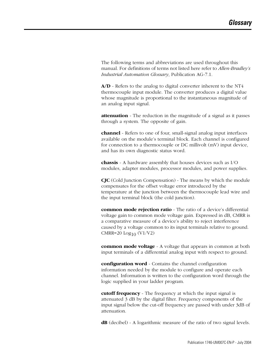 Glossary | Rockwell Automation 1746-NT4 Series B,D17466.6.1 SLC 500 4-Channel Thermocouple/mV Input Module User Manual User Manual | Page 121 / 131