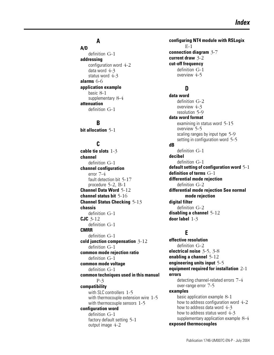 Index | Rockwell Automation 1746-NT4 Series B,D17466.6.1 SLC 500 4-Channel Thermocouple/mV Input Module User Manual User Manual | Page 125 / 131