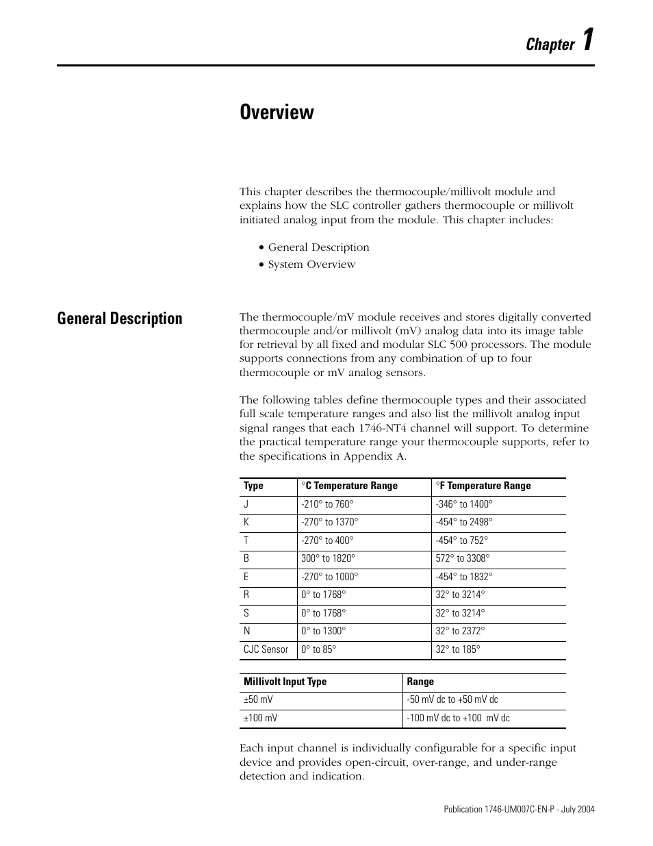 1 - overview, Overview, General description | Chapter 1, General description -1, Chapter | Rockwell Automation 1746-NT4 Series B,D17466.6.1 SLC 500 4-Channel Thermocouple/mV Input Module User Manual User Manual | Page 13 / 131