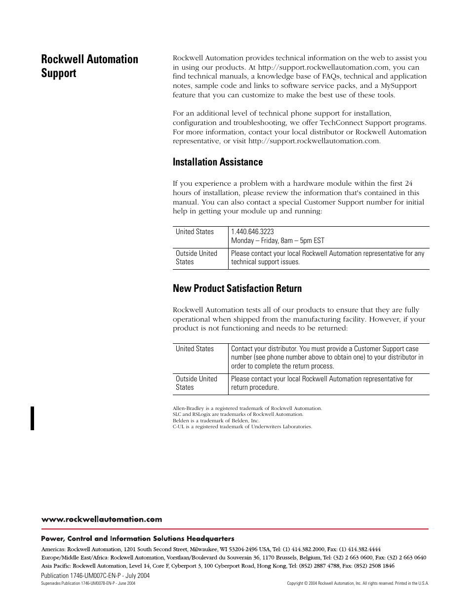 Back cover, Rockwell automation support, Installation assistance | New product satisfaction return | Rockwell Automation 1746-NT4 Series B,D17466.6.1 SLC 500 4-Channel Thermocouple/mV Input Module User Manual User Manual | Page 131 / 131