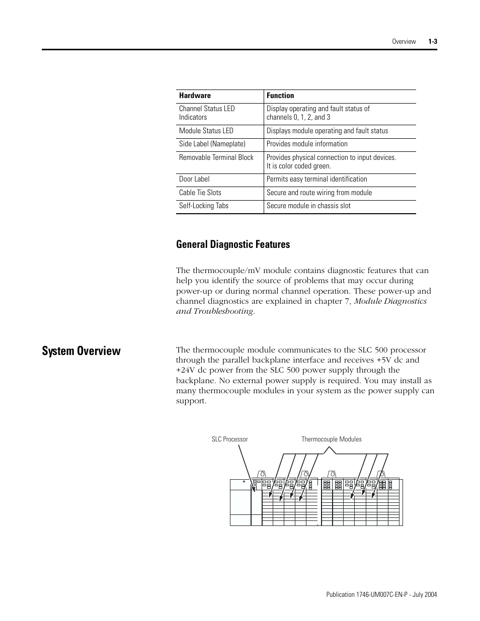 System overview, General diagnostic features -3, System overview -3 | General diagnostic features | Rockwell Automation 1746-NT4 Series B,D17466.6.1 SLC 500 4-Channel Thermocouple/mV Input Module User Manual User Manual | Page 15 / 131